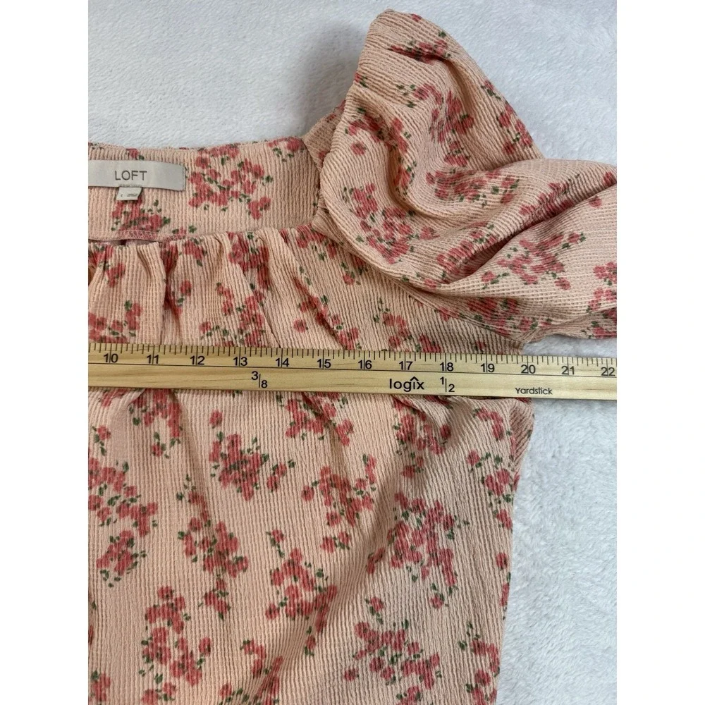 LOFT Women's Large Pink‎ Floral Square Neck Puff Sleeve Blouse Cottage Coquette